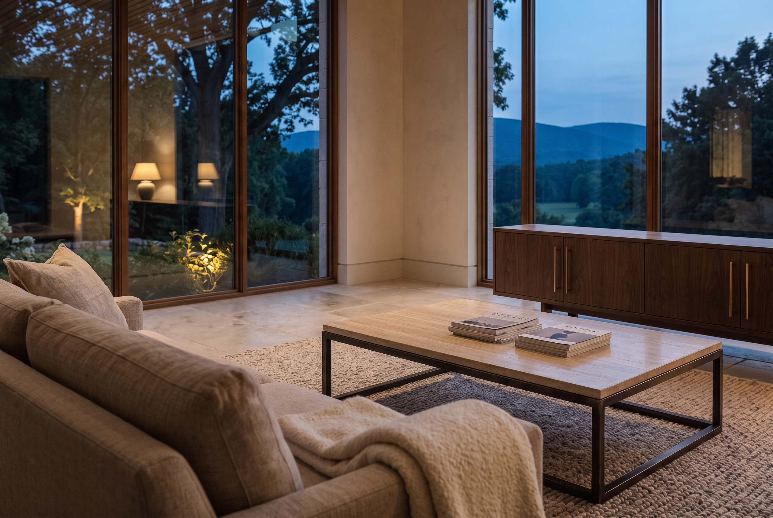 Illustrative luxury limestone residence set in a wooded Connecticut landscape