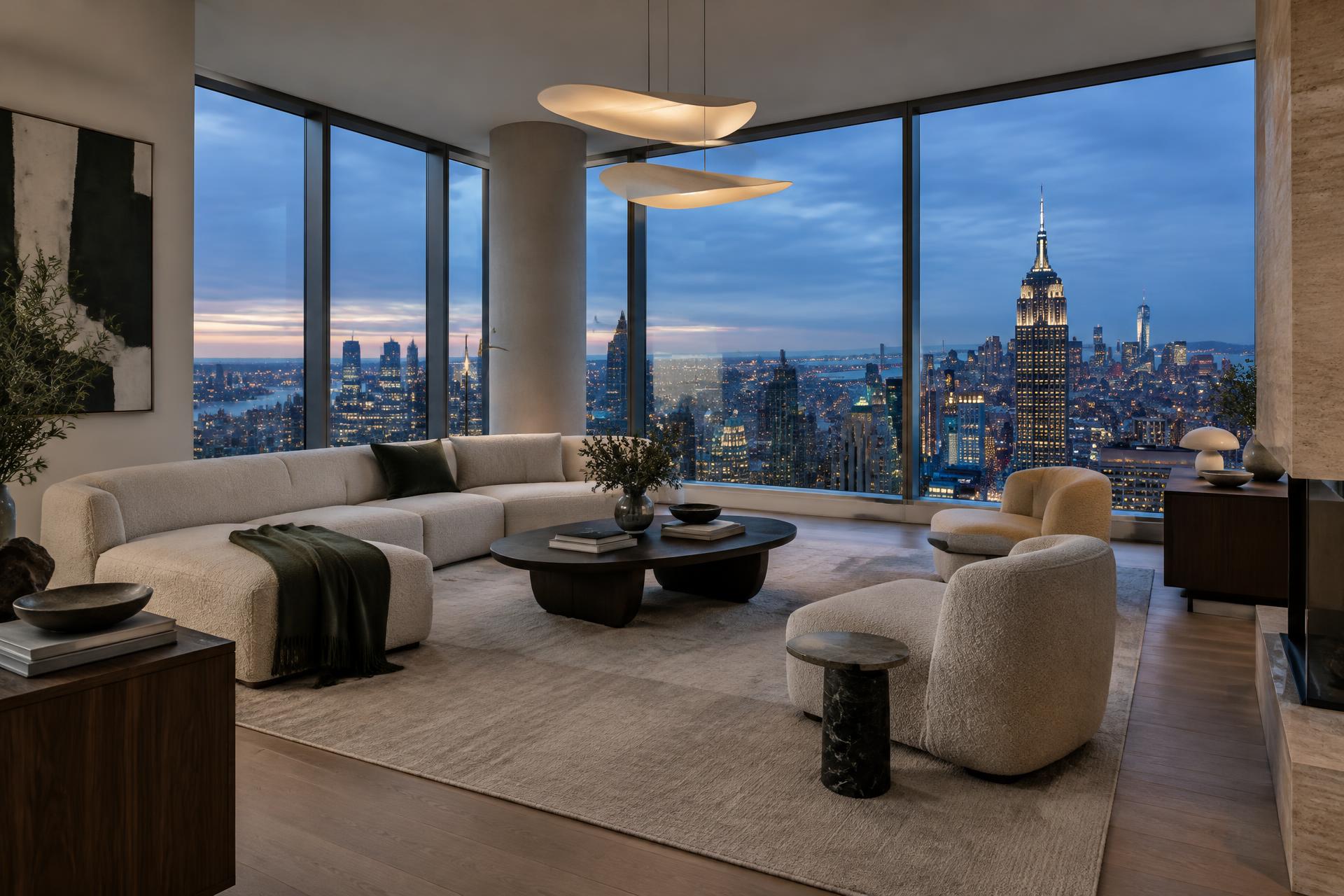 Illustrative penthouse interior with floor-to-ceiling views over the New York City skyline